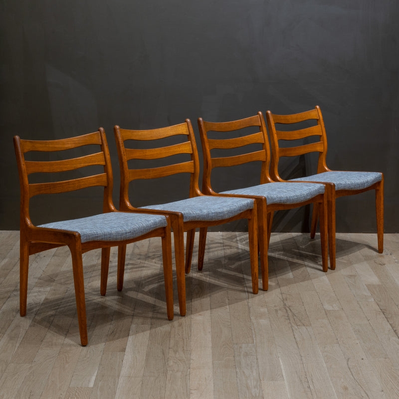 Dining Chairs Set of 4 Ladder Back Denim Blue Woven Upholstery Teak