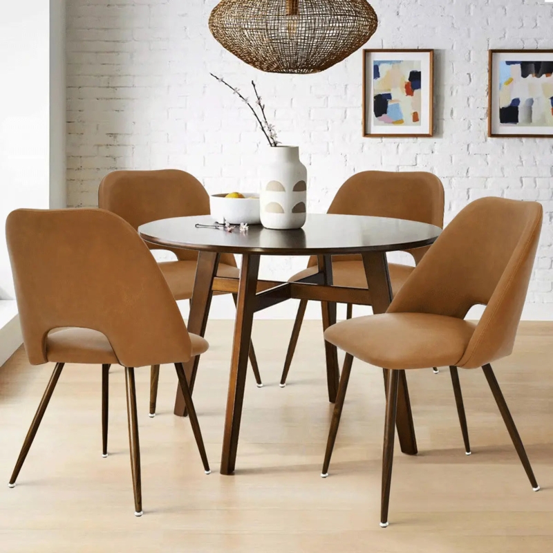 Dining Chairs Set of 4 Tan Leather Like Cutout Back Walnut Legs
