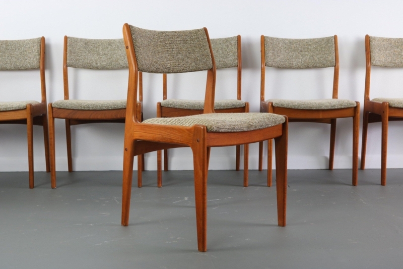 Dining Chairs Set of Six Olive Green Fabric Organic Joinery Teak Wood