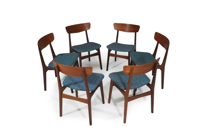 Dining Chairs Set of Six Teal Geometric Pattern Seat Curved Backrest
