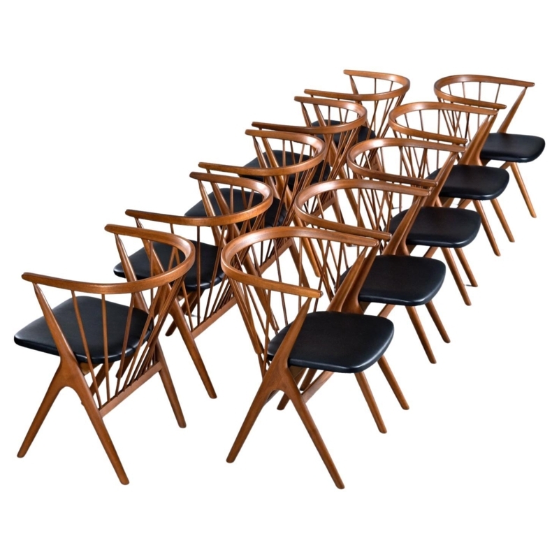 Dining Chairs Set of Ten Spindle Back Ox Bow Backrest Solid Teak