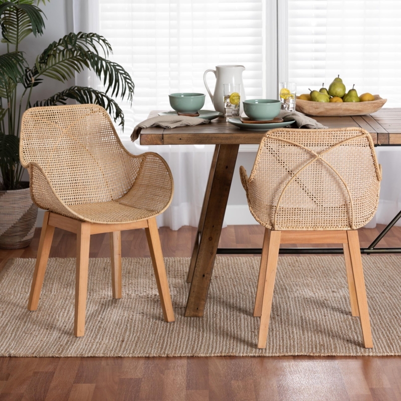 Dining Chairs with Sculptural Woven Rattan and Mahogany Wood Legs