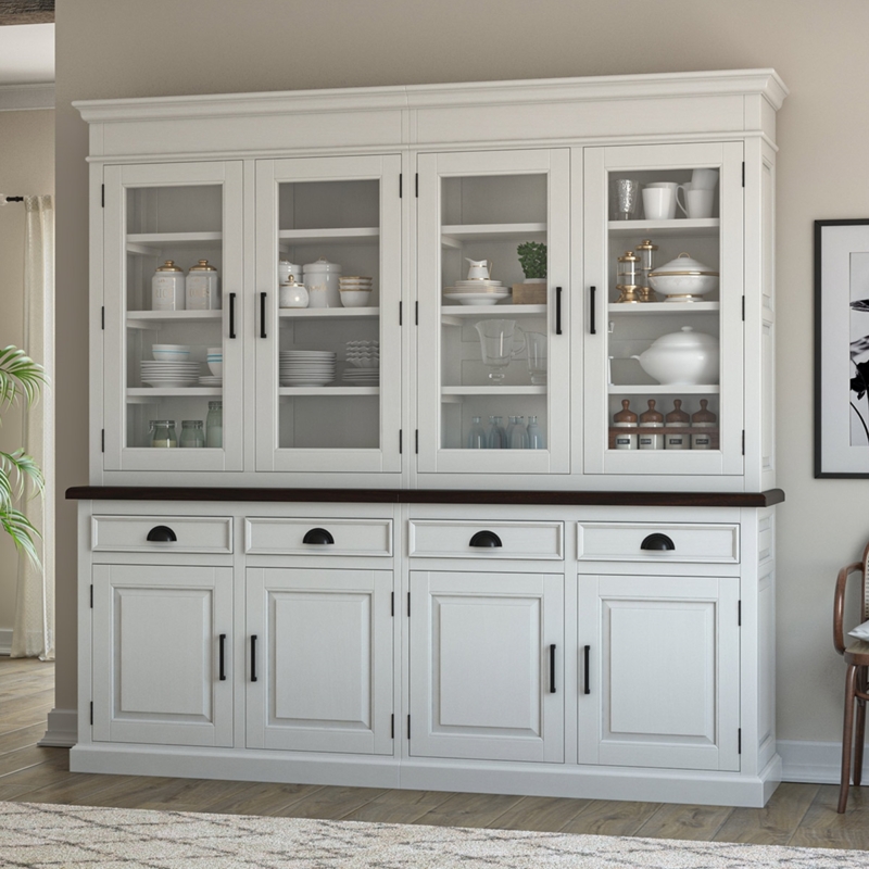 Dining Hutch White Farmhouse, Dark Wood Countertop, Cup Pulls