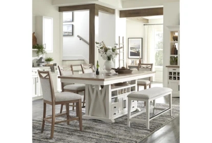 Dining Island Table with Counter Height Bench and Wine Storage Base