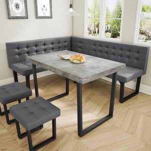 Dining Nook Set Concrete Look Corner Table Slate Gray Button Tufting