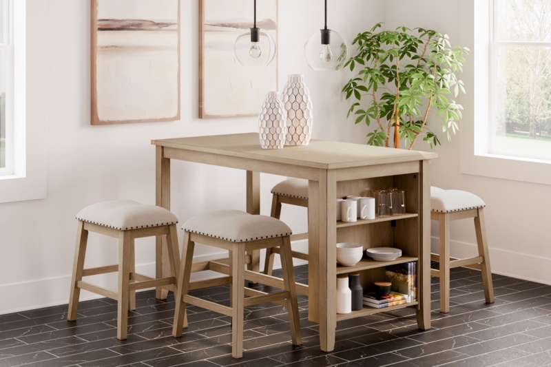 Dining Room Set Counter Height Light Brown Finish Warm Beige Seats