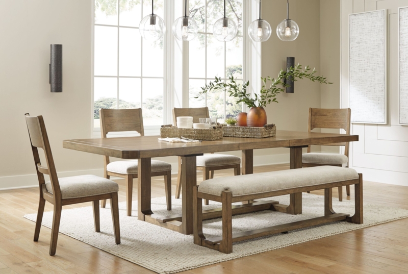 Dining Room Set: Light Brown Wood, Trestle Base, Oatmeal Upholstery