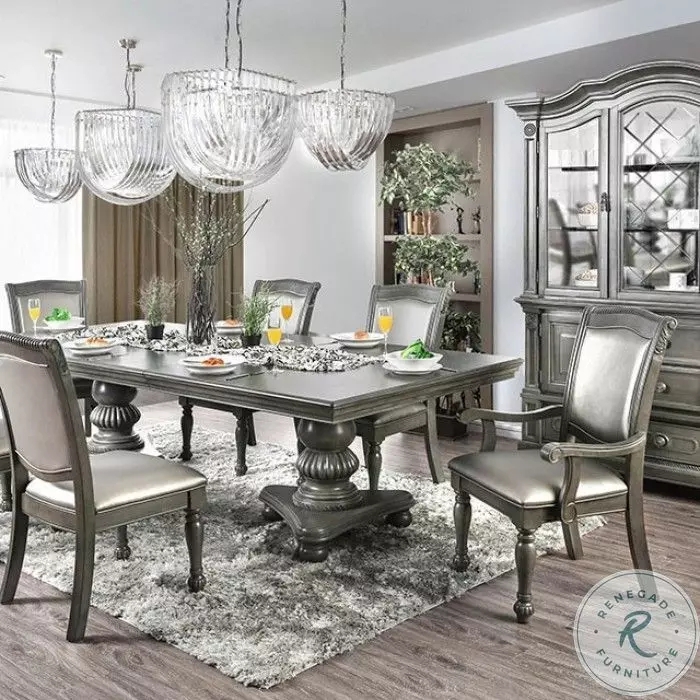Dining Room Set Metallic Gray Finish Shimmering Upholstery