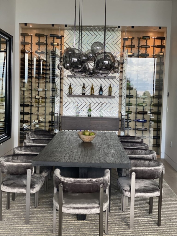 Dining Room Set with Glass Wine Closet and Textured Wood Dining Table