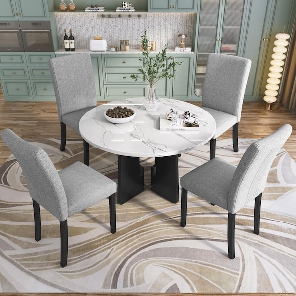 Dining Set 5-Piece Round with Grey Upholstered High Back Chairs