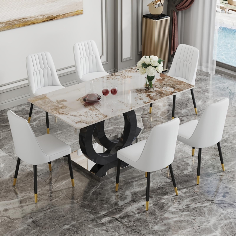 Dining Set 7 Piece with Sculptural Pedestal Base and Gold Capped Legs