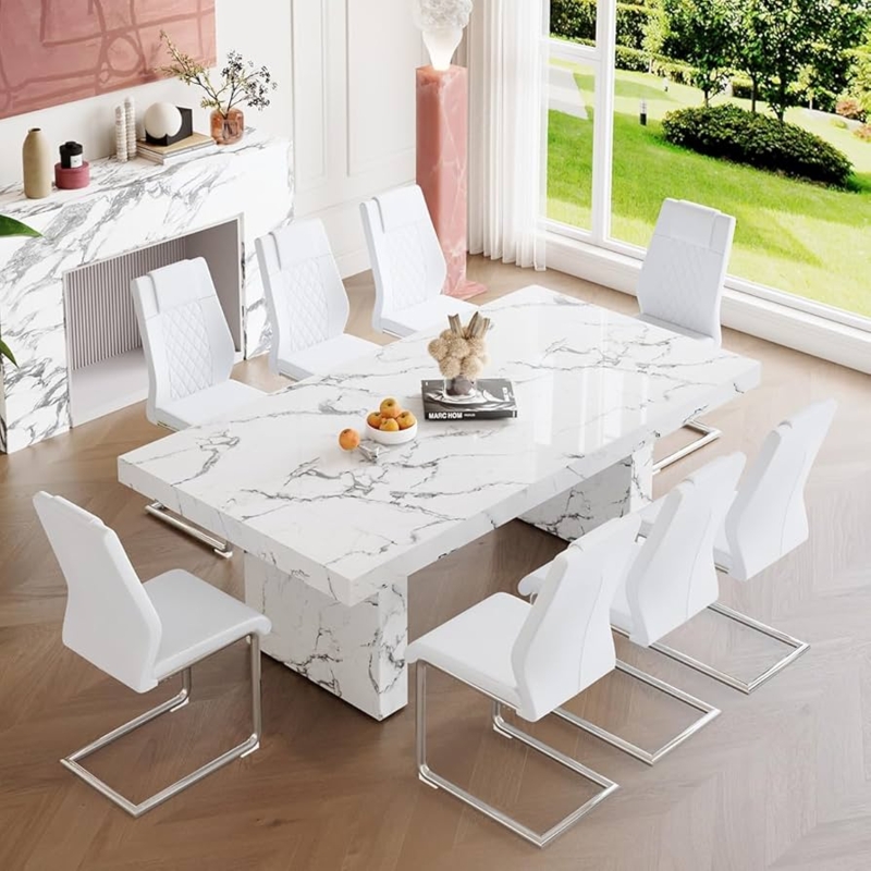 Dining Set: 9-Piece, Marble Pattern & Cantilever Chairs