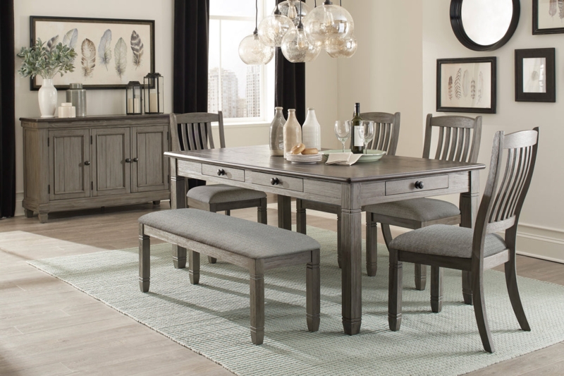 Dining Set Antique Gray with Apron Drawers and Bench Seating