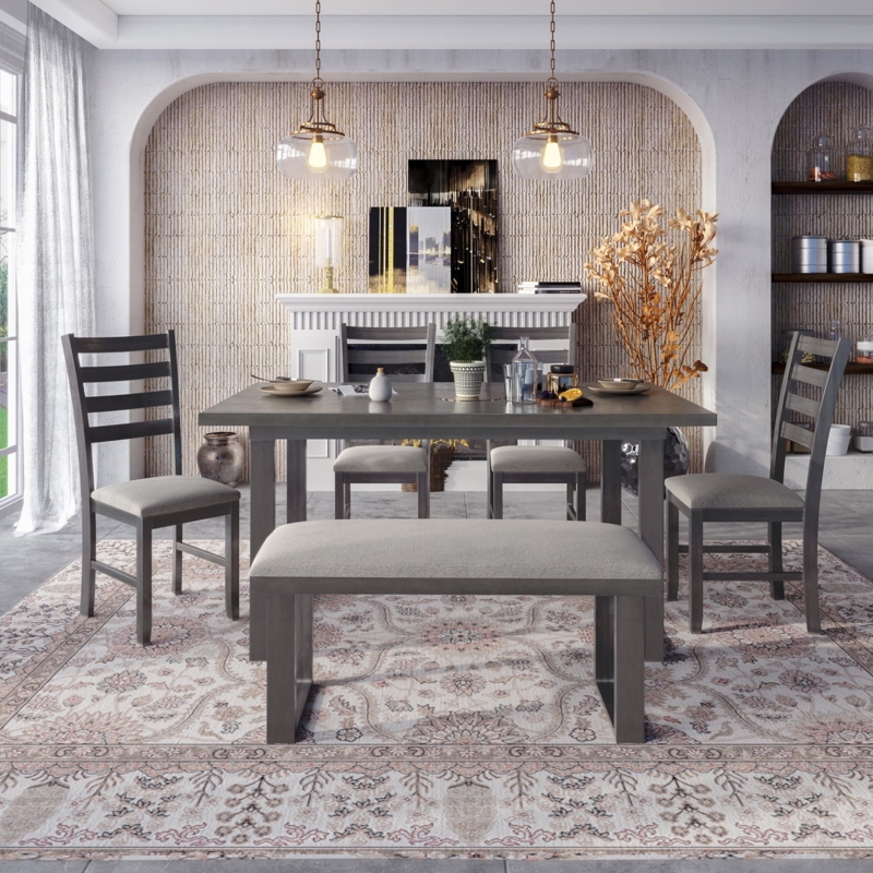 Dining Set Backless Bench Slat Back Chairs Weathered Gray