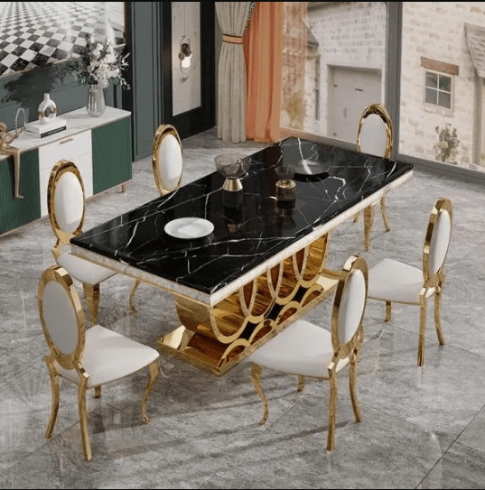 Dining Set: Black Marble Top & Geometric Gold Pedestal