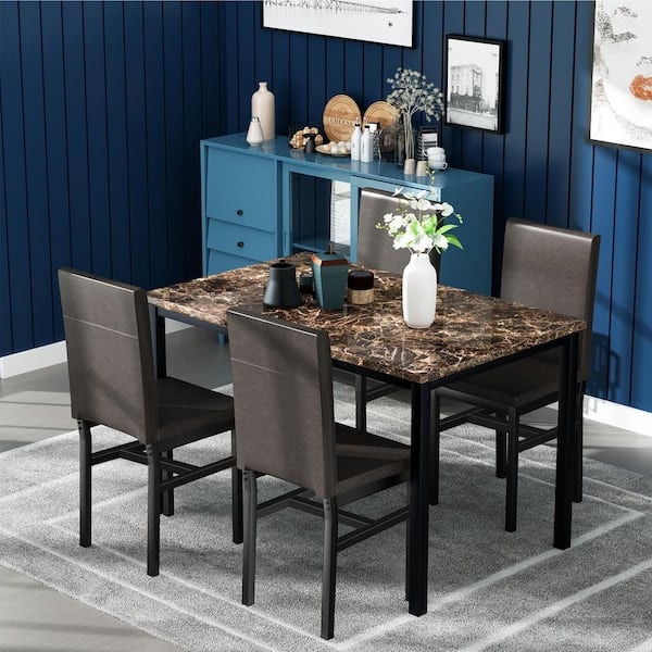 Dining Set: Brown Faux Marble Top & Espresso Chairs