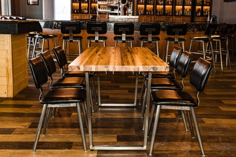Dining Set: Butcher Block Top with Ribbed Black Upholstered Chairs
