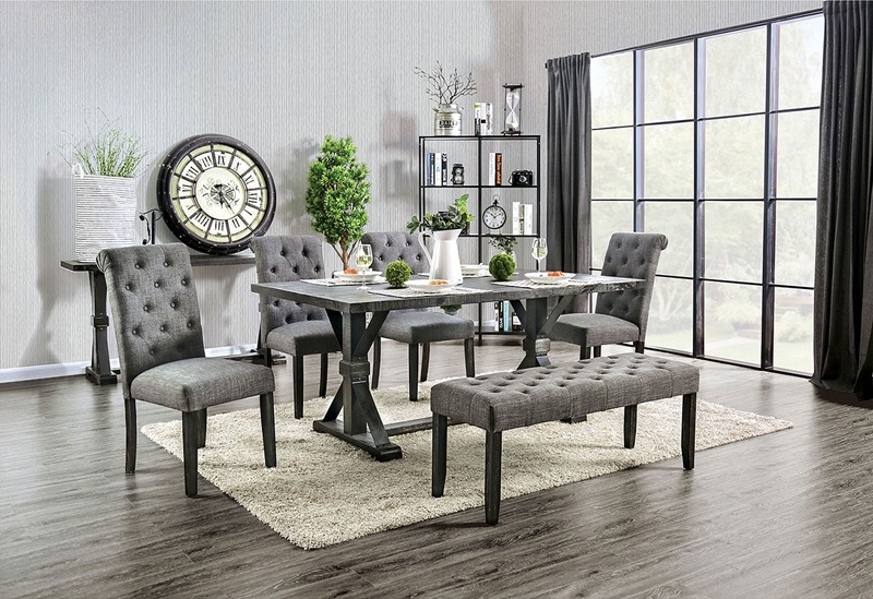 Dining Set Button Tufted Upholstery Weathered Gray X-Base Trestle