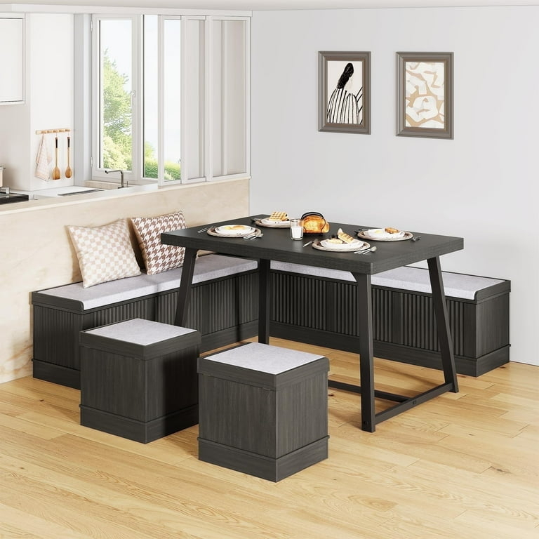 Dining Set Charcoal Gray Textured Slat Corner Bench Storage Base