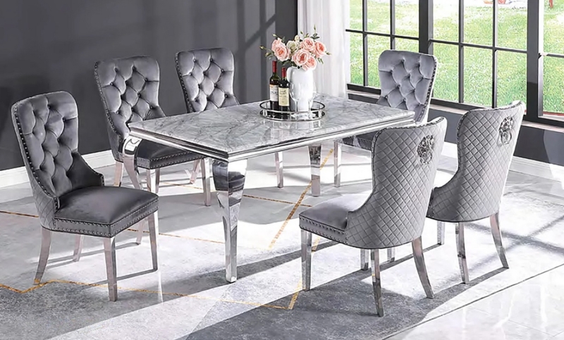 Dining Set: Chrome Marble Table, Velvet Lion Head Chairs