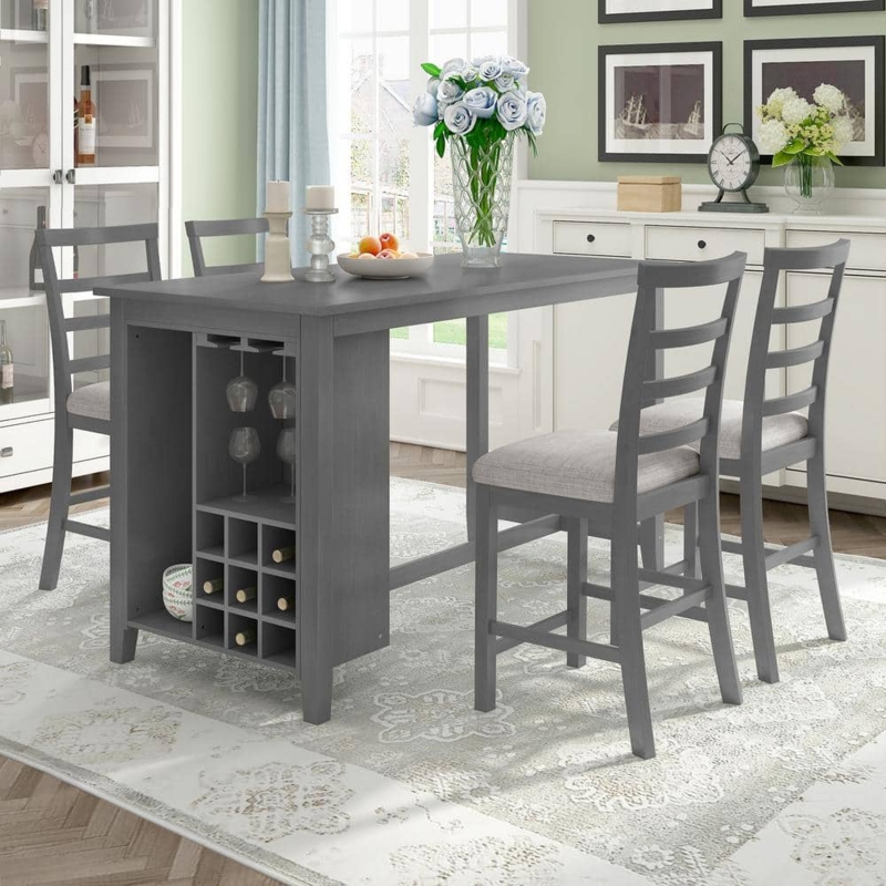 Dining Set Counter Height Charcoal Finish Integrated Wine Storage
