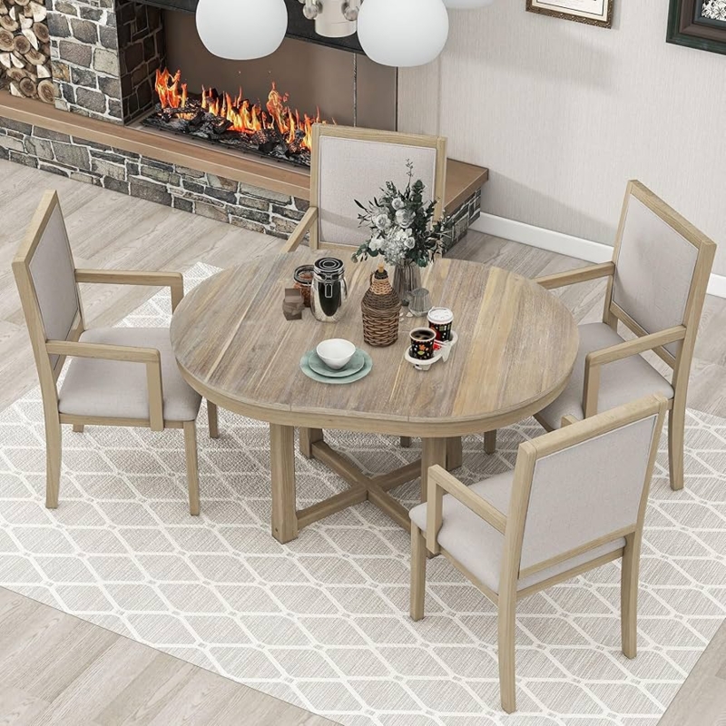 Dining Set Cross Base Table Weathered Wood Wash Transitional Style