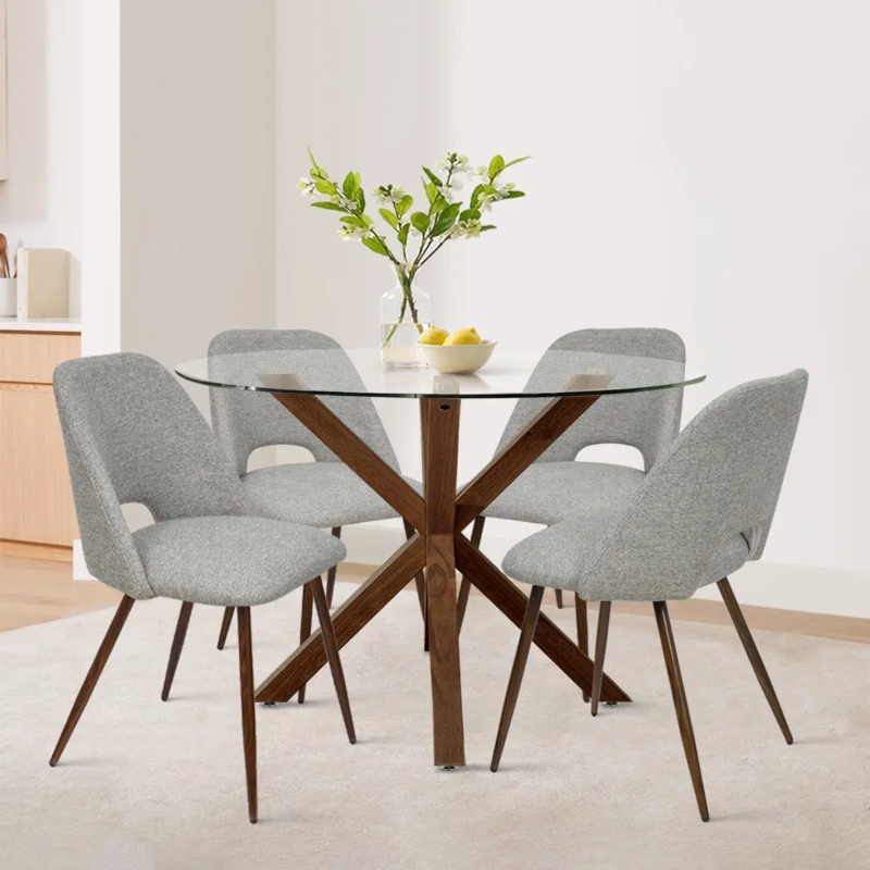 Dining Set Cutout Backrest Chairs Round Glass Top Walnut Mid Century Grey