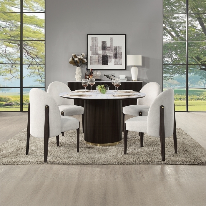 Dining Set Espresso Base with Round Marble Top and Barrel Chairs