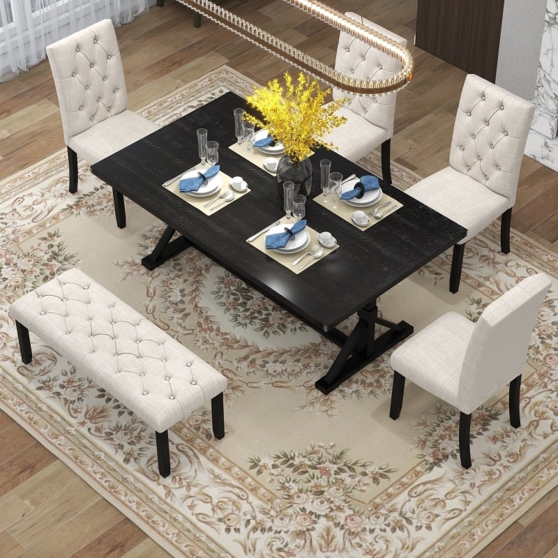 Dining Set Espresso Trestle Base Button Tufted Upholstery Bench
