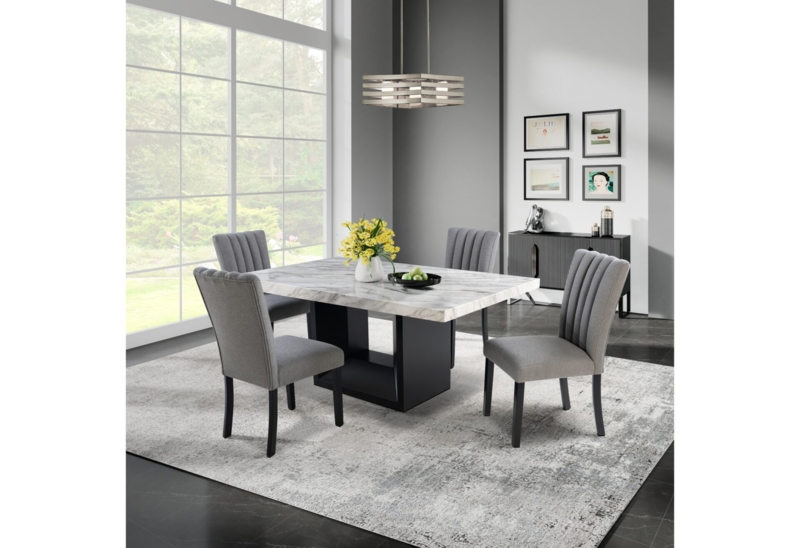 Dining Set Faux Marble Top Channel Tufted Back H-Frame Base
