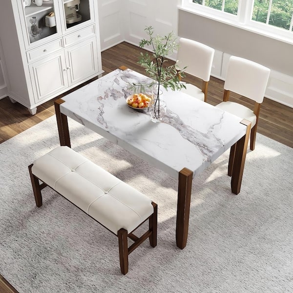 Dining Set: Faux Marble Top & Tufted Bench, 4-Piece