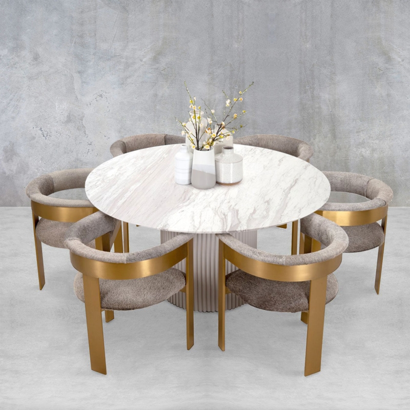 Dining Set featuring Gold Barrel Chairs and White Stone Top Table