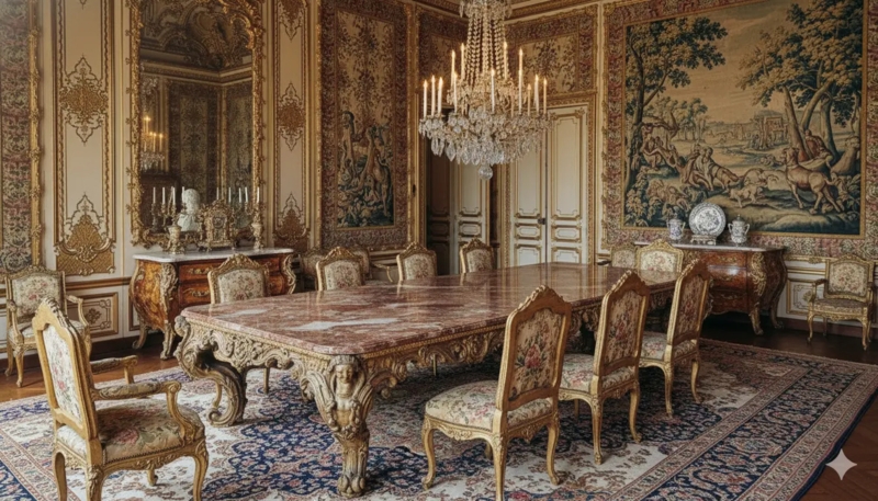 Dining Set, Figural Legs, Stone Tabletop, Gilded Carvings, Baroque