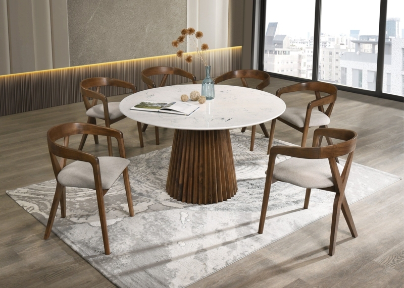 Dining Set: Fluted Walnut Pedestal & Round Marble Top