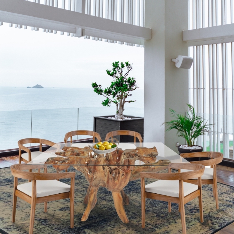 Dining Set Glass Top Teak Root Base Organic Coastal Rustic Wood