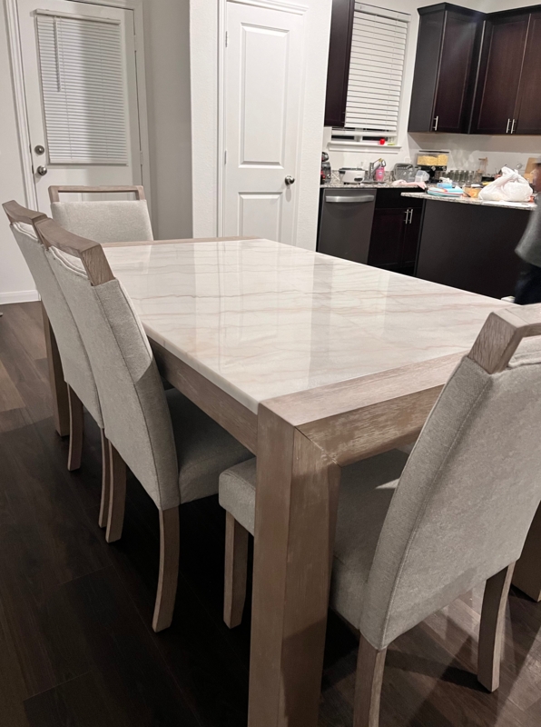Dining Set: Glossy Marbled Top & Distressed Wood Legs