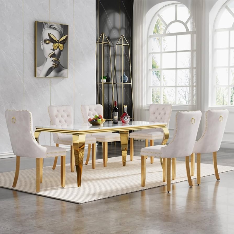 Dining Set: Gold Faceted Pedestal & Tufted Velvet Chairs