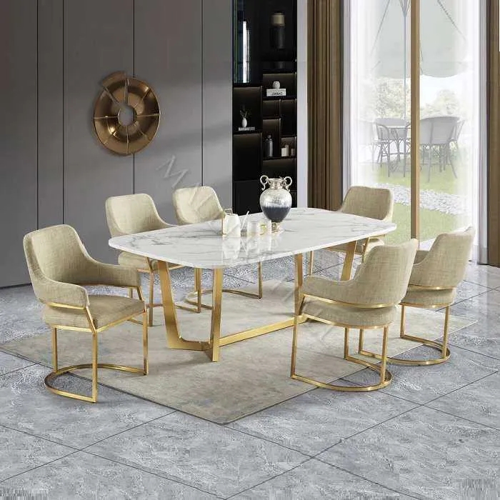 Dining Set: Gold Sled Base Chairs & Marbled Trestle Table