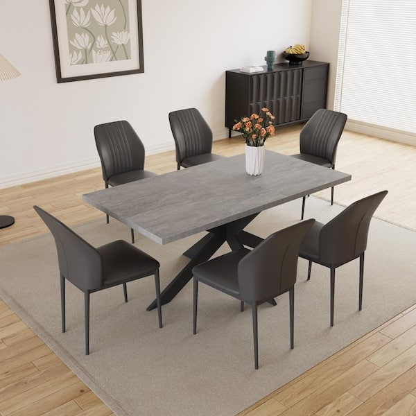 Dining Set Gray Wood Top X-Shape Base Slender Black Legs