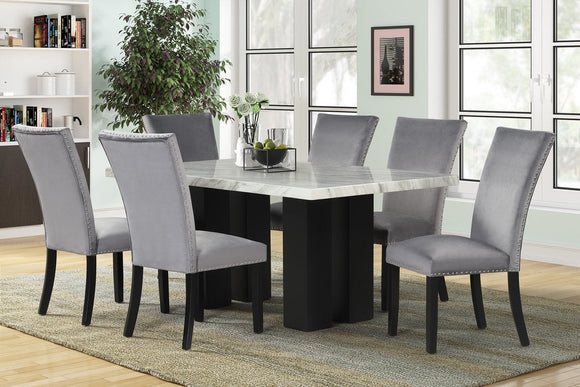 Dining Set: Grey Marble Pattern Top & Nailhead Trim Chairs