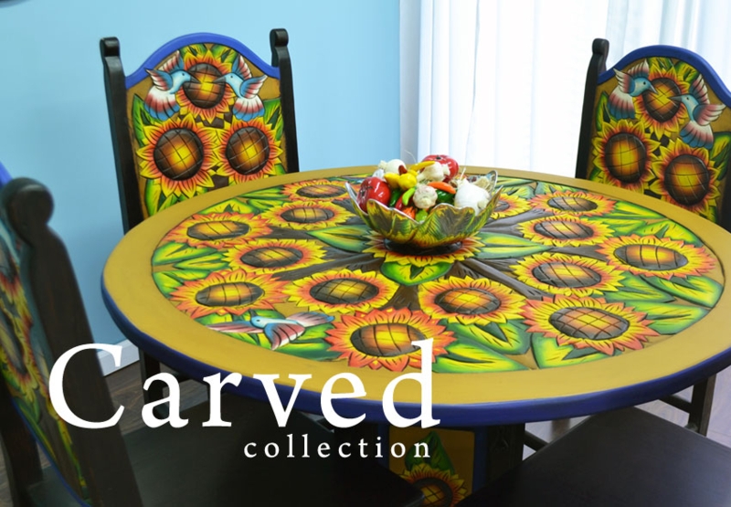 Dining Set, Hand Carved Sunflowers, Vibrant Folk Art, Blue Edge Trim
