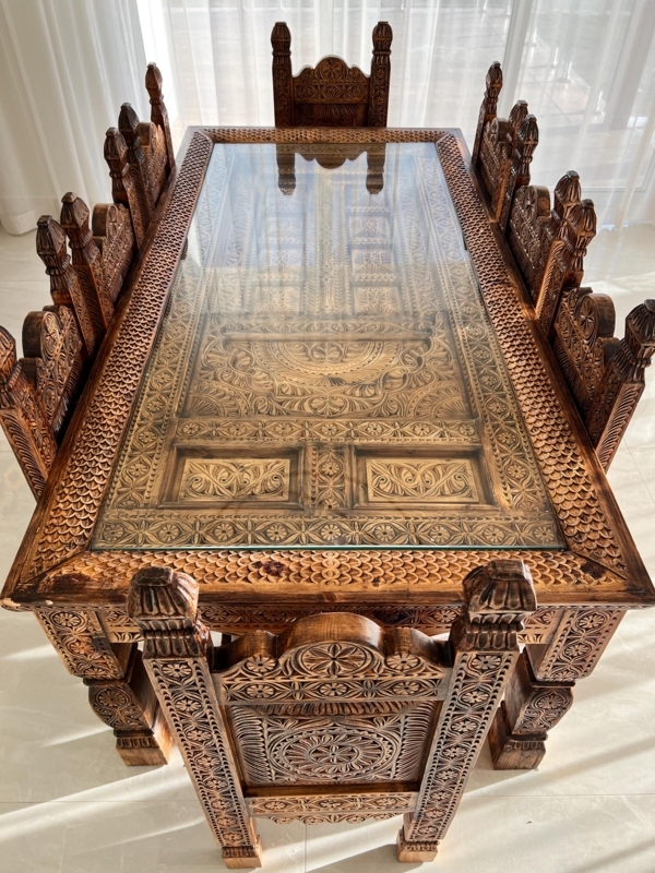 Dining Set, Intricate Chip Carving, Glass Inlay, Tall Backs