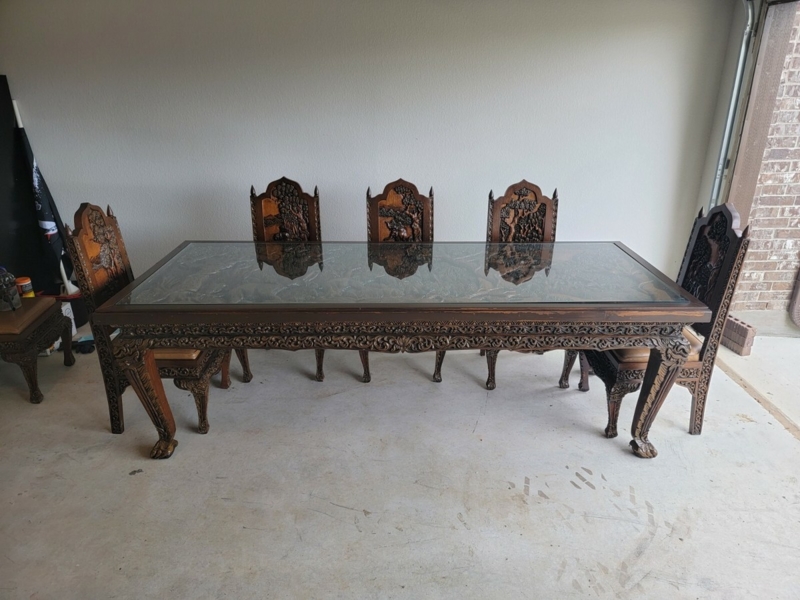 Dining Set, Intricate Relief Sculpture, Glass Insert, Lion Paw Feet
