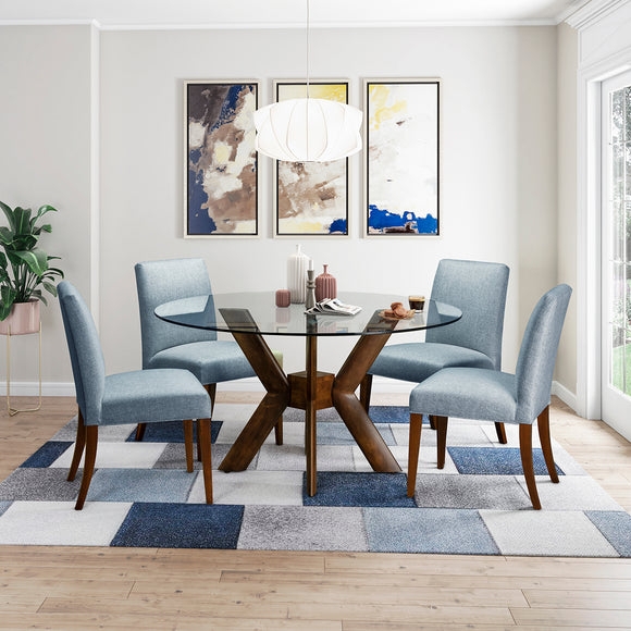 Dining Set K-Base Round Glass Top Wood Tone Slate Blue Upholstery Modern