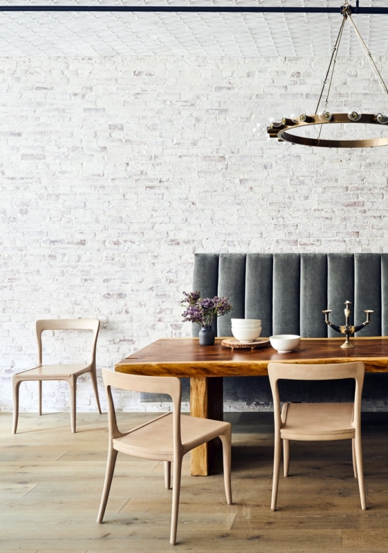 Dining Set Live Edge Wood Table Channeled Velvet Banquette