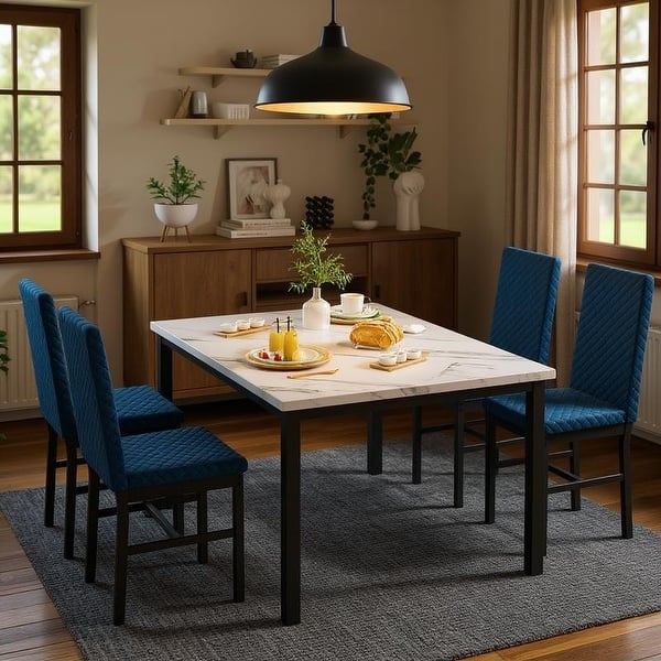Dining Set: Marble Pattern Top, Blue Velvet Chairs with Diamond Stitching