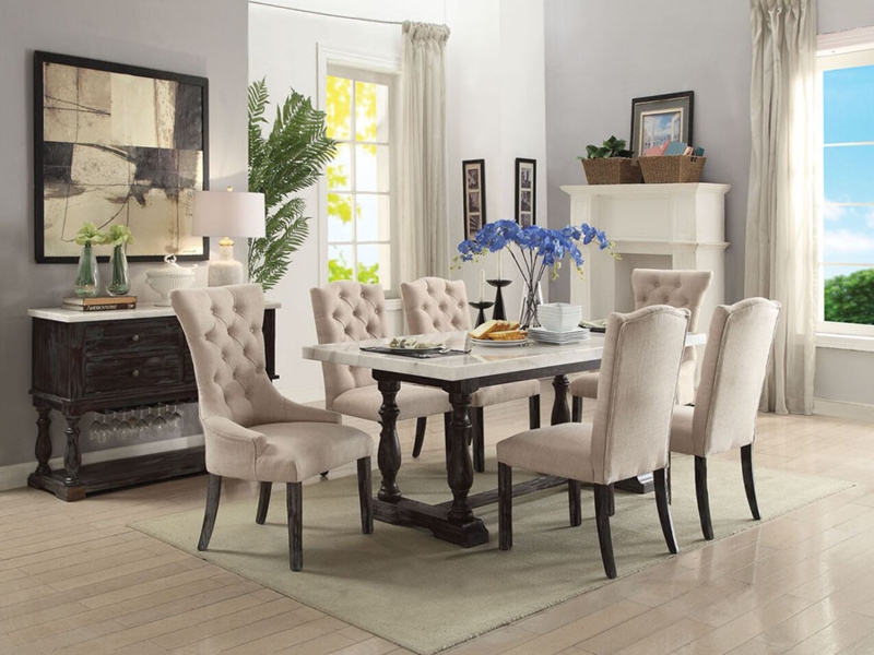 Dining Set: Marble Top with Turned Wood Pedestal Legs