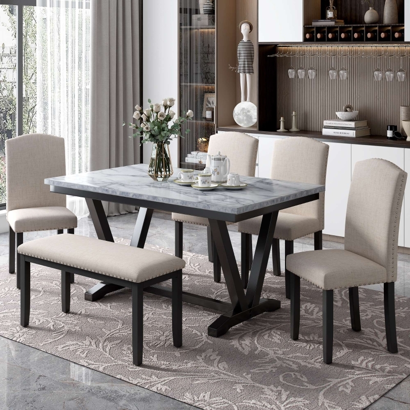 Dining Set: Marbled Stone-Like Top, V-Shaped Legs, Nailhead Trim