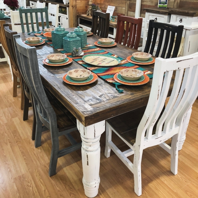 Dining Set Mismatched Colored Chairs Chunky Whitewashed Legs Rustic