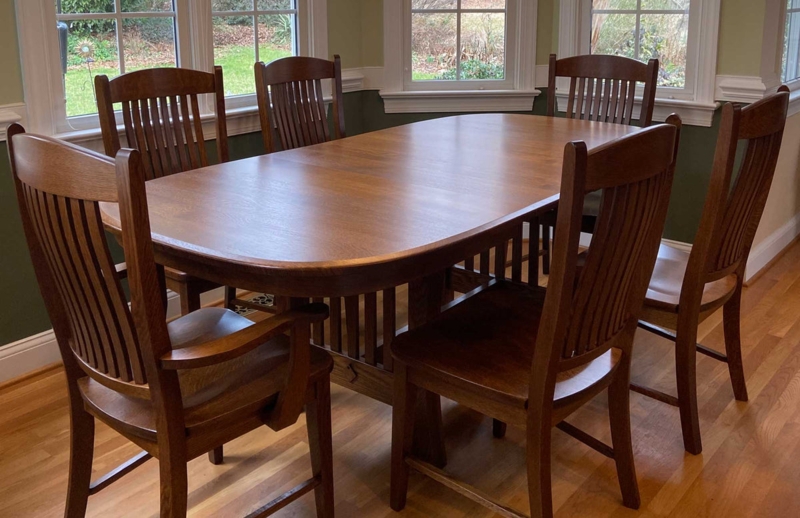 Dining Set Mission Style Slat Back Chairs Wood Trestle Table